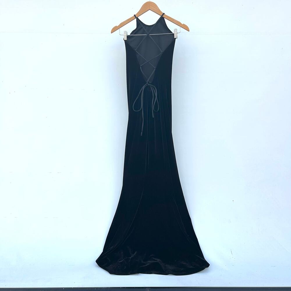 Vintage 90s ABS Velvet Halter Corset Lace Up Gown Black Large Maxi Dress Prom - Picture 3 of 10